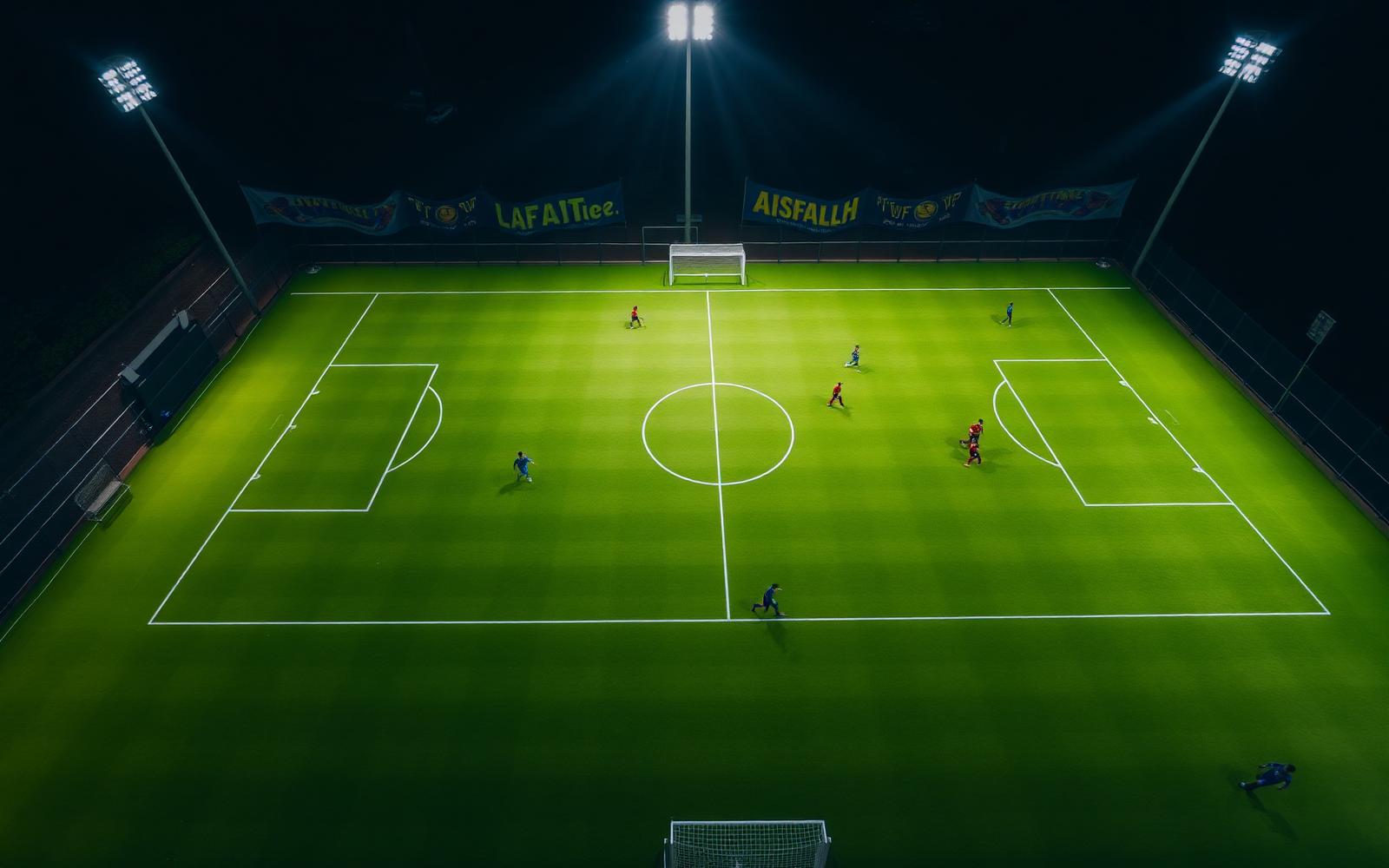 Vista aérea de quadra de futebol iluminada à noite